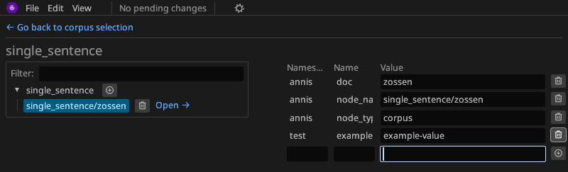 Screenshot of editing the meta data of a corpus.