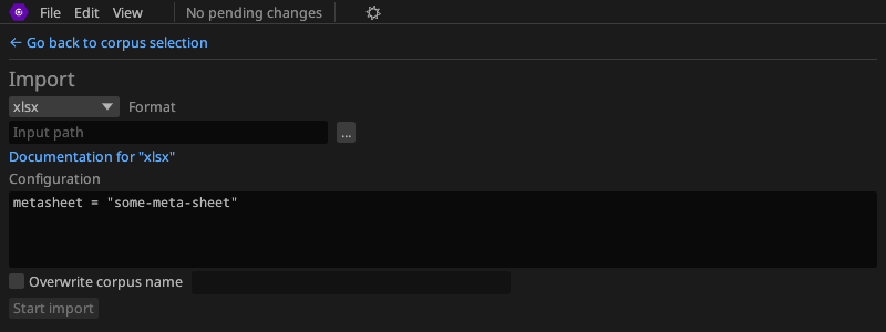 Sreenshot of the UI for importing a corpus from XLSX files